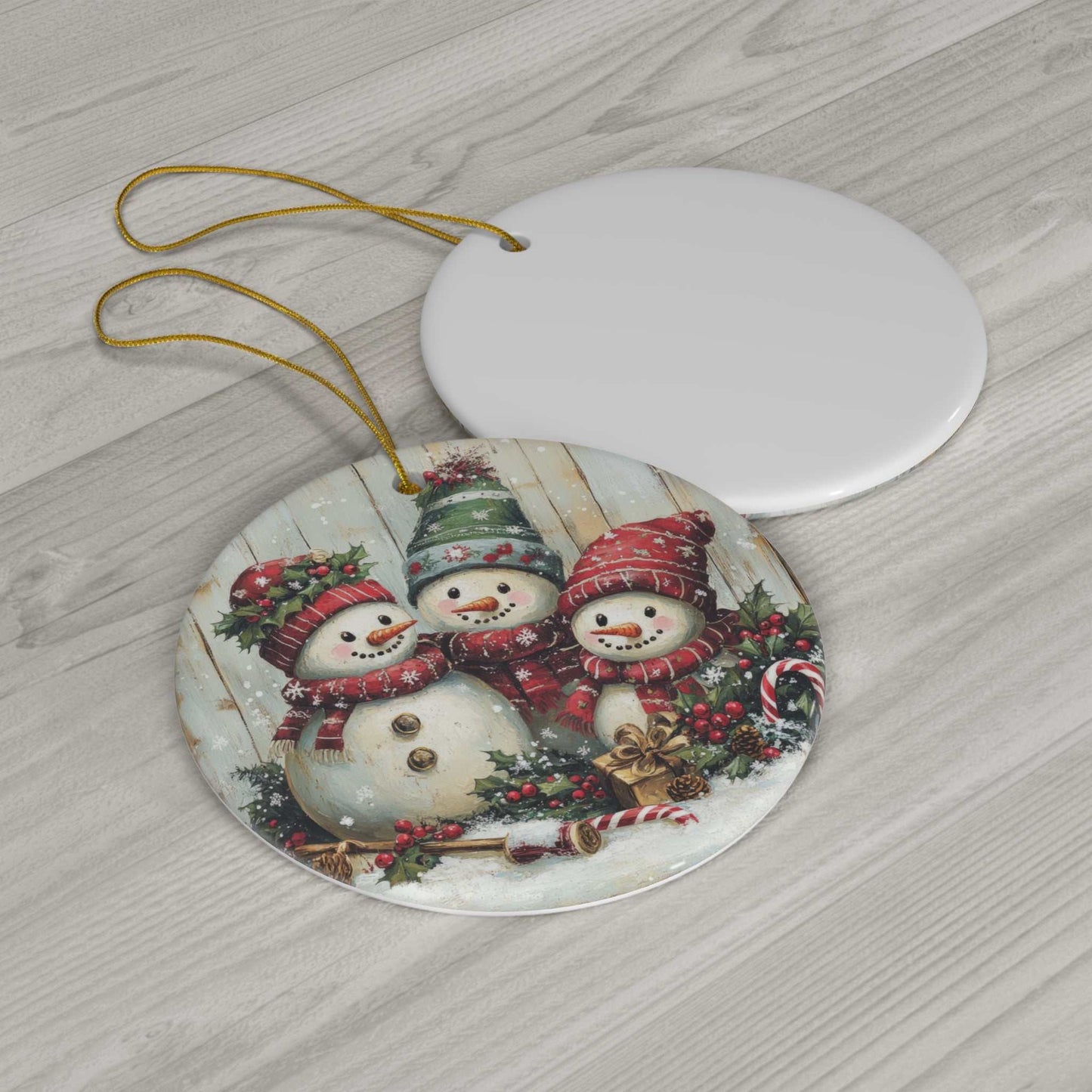 Ceramic Ornament, Snowmen Round